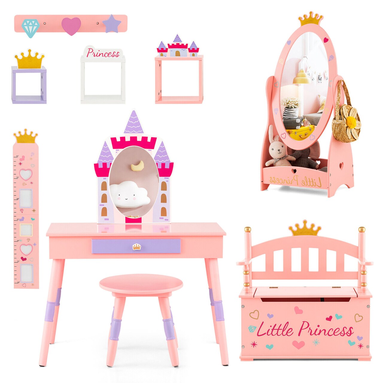Gymax 3 Piece Kids Room Furniture Set Vanity Table Dressing Mirror